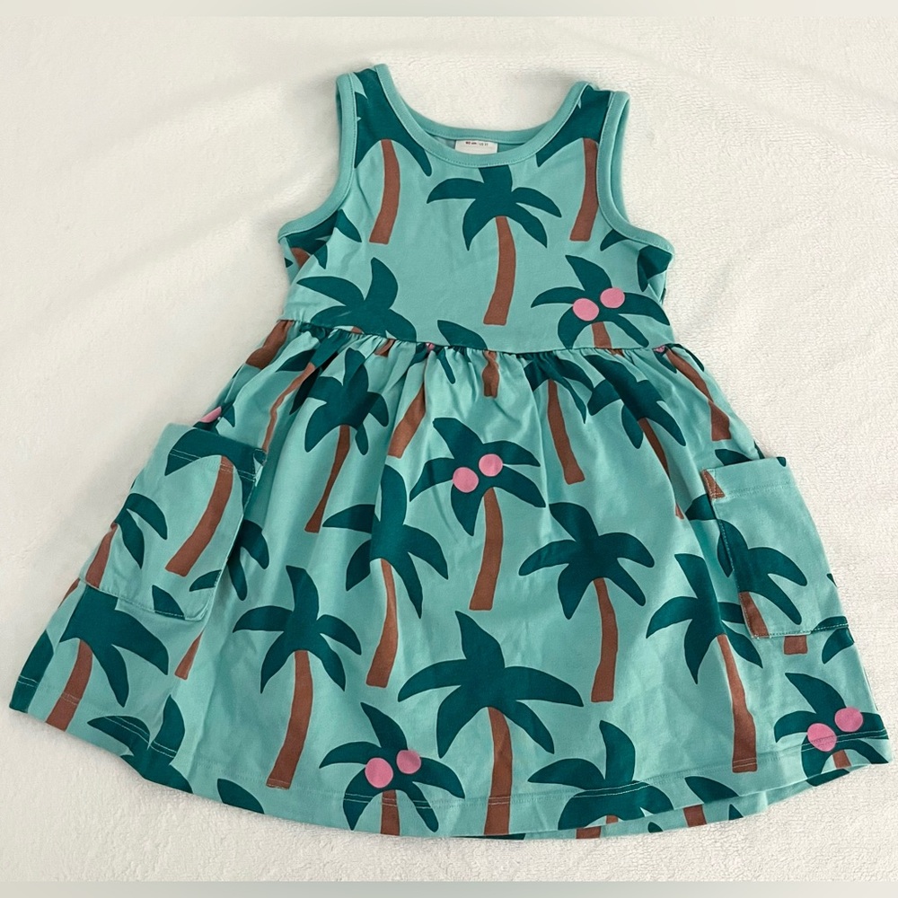 Hanna Andersson Teal Palm Tree Print Dress with Pink Accents